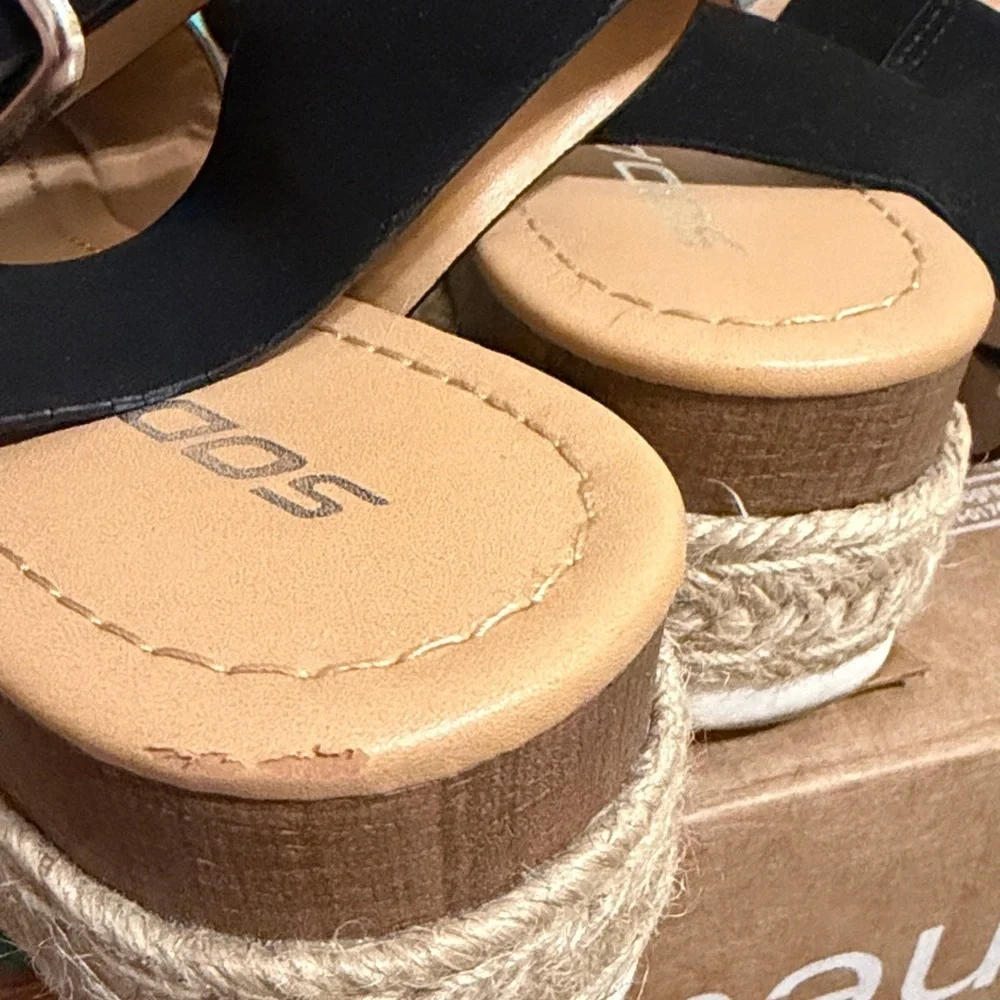 SODA black platform sandals, ankle strap, open front and back, jute accent, 7.5